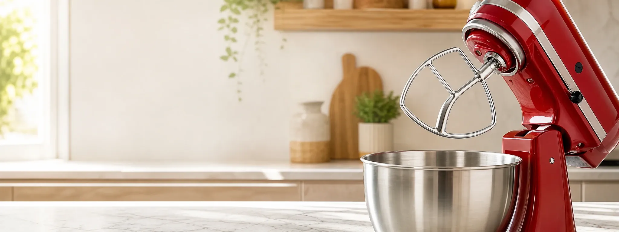 A close-up of a red stand mixer with a stainless steel bowl and flat beater attachment, set in a bright modern kitchen with natural light.